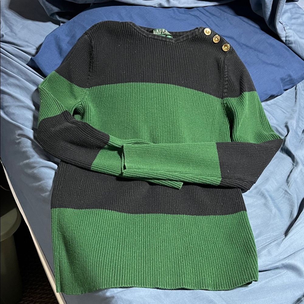 Ralph Lauren Black and Green Striped Sweater with Button Accents